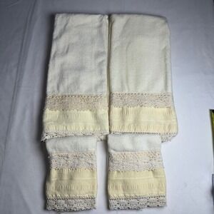 Avanti Look Vintage Cream Lace Trim Towel Set 4pc Hand Washcloth Made in USA